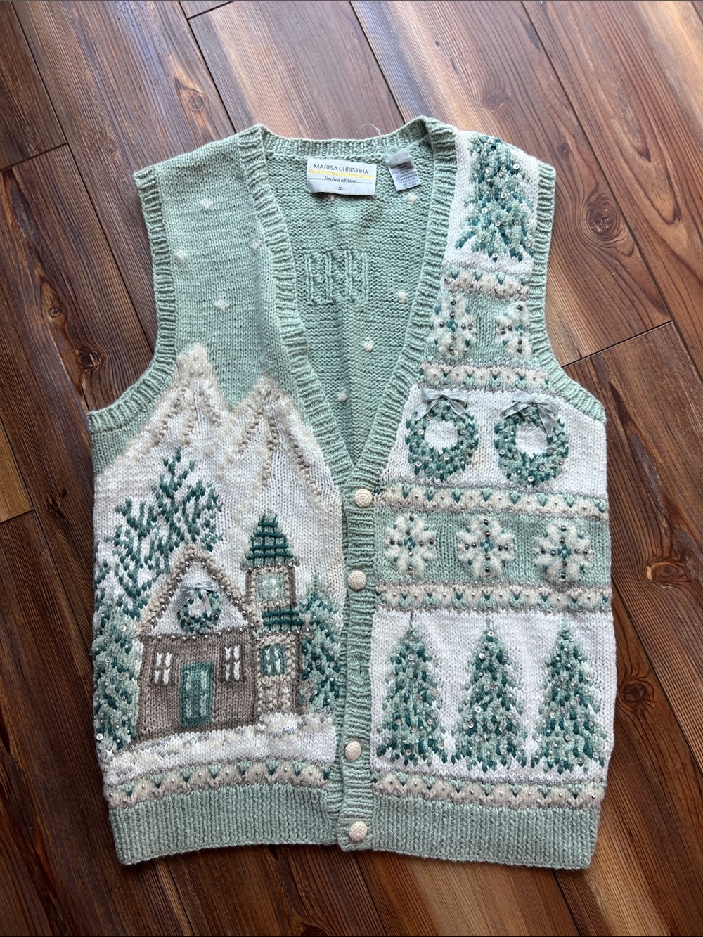 Vintage Marisa Christina Mint & Cream Holiday Knit Vest